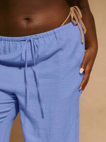 MUSERA Plus Size Mid Rise Wide Leg Drawstring Waist Trousers Vacation Beachwear Elegant Holiday Cute Summer Casual - Dusty Blue - View 5