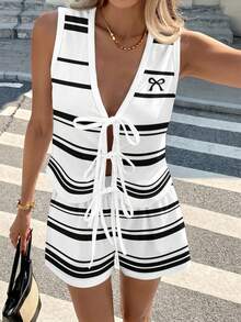 Easowa Bộ 2 món áo hai dây và quần short kẻ sọc thắt nơ dành cho nữ, thích hợp cho mùa xuân/hè, phong cách thường ngày. - Nhiều màu - Xem 3