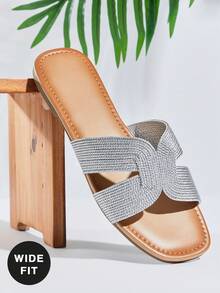 SHUZIA Women's Wide-Fit Minimalist Comfortable Woven PU Flat Sandals - Silver - View 5