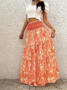 Sunnyshic 女士波西米亚印花半身裙，休闲假日日常穿着，春夏款 - 鵝黃色 - 查看 6