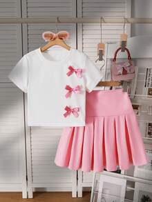 SHEIN Elladie kids 两件套女童休闲日常套装,蝴蝶结装饰T恤和蝴蝶结装饰百褶裙,适合外出和日常穿着。 - 粉色 - 查看 4