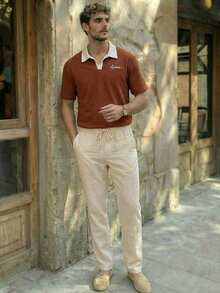 HIMLAND 2pcs Men's Casual Knit Fitted Polo Shirt & Drawstring Waist Linen Long Pants Set, Summer Outfit, Old Money, Cozy Outfits - Multicolor - View 8