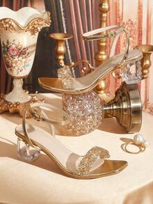 CUCCOO TILAWA Women's Fashion Crystal Embellished Square Toe Chunky Heel Sandals - Champagne - View 1