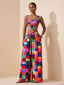 Zivah 2026春夏新款音乐节、复活节、圣帕特里克节、情人节、约会、西部风、游牧风、休闲风、度假、邮轮、海滩、假日女装几何图案无袖上衣和带口袋的阔腿裤两件套 - 彩色 - 查看 3