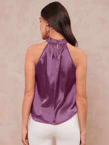 Amorya Women's Solid Halter Neck Sleeveless Satin Top - Violet Purple - View 2
