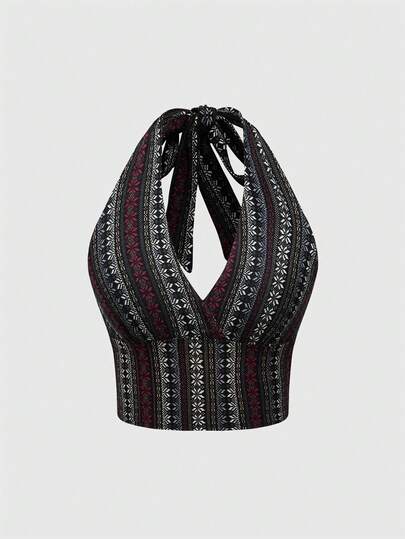 Canotta con scollo a V in tessuto elastico a righe stile retrò hippie, taglie comode