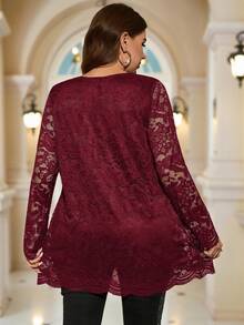 EMERY ROSE Áo thun dài tay ren thanh lịch dành cho nữ cỡ lớn - Màu Đỏ Sâu - Xem 2