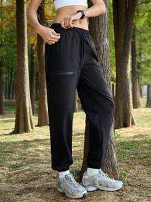 SHEIN In My Nature 女士字母印花抽绳腰带休闲户外跑步裤 - 黑色 - 查看 5