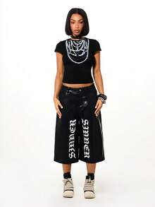 SUMWON WOMEN 珍珠项链图案短袖婴儿T恤，铆钉领圆领印花上衣 - 黑色 - 查看 3