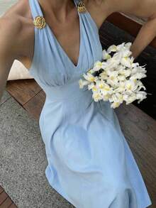 SHEIN MOD 女士金属3D花卉装饰褶皱优雅无袖中长连衣裙 - 淺藍色 - 查看 6