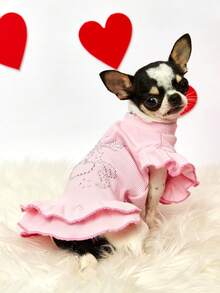 粉色水钻小狗印花宠物连衣裙 - 荷叶边袖狗狗套装，适合小型犬和猫咪的可爱夏季公主裙 - 粉色 - 查看 7