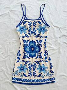 Soleia 女士吊带V领度假波西米亚风印花瓷器图案撞色迷你连衣裙，适合外出、旅行、夏季、海滩穿着 - 彩色 - 查看 2