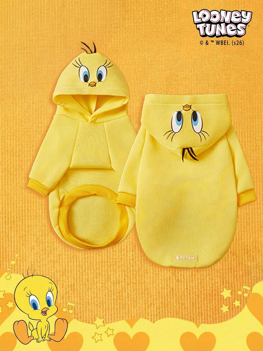 LOONEY TUNES X PETSIN 1件黄色小鸟印花宠物连帽衫，黄色加厚保暖秋冬宠物服装 - 黃色 - 查看 1