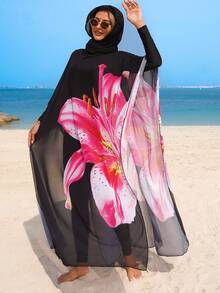 Swim Mulvari 女士夏季度假百合花网纱罩衫泳衣沙滩装 - 黑色 - 查看 4