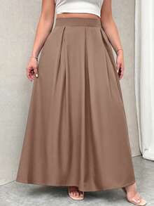 Firerie Plus Size Women Gray High Waist Maxi Pleated A-Line Skirt With Pockets, Elastic Waist, Fall Back To School - Brown - View 5