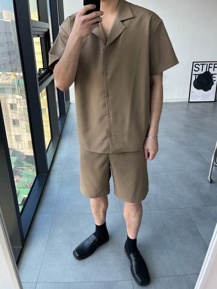 Men's Solid Color Short Sleeve Single-Breasted Shirt And Shorts Casual Suit, Summer