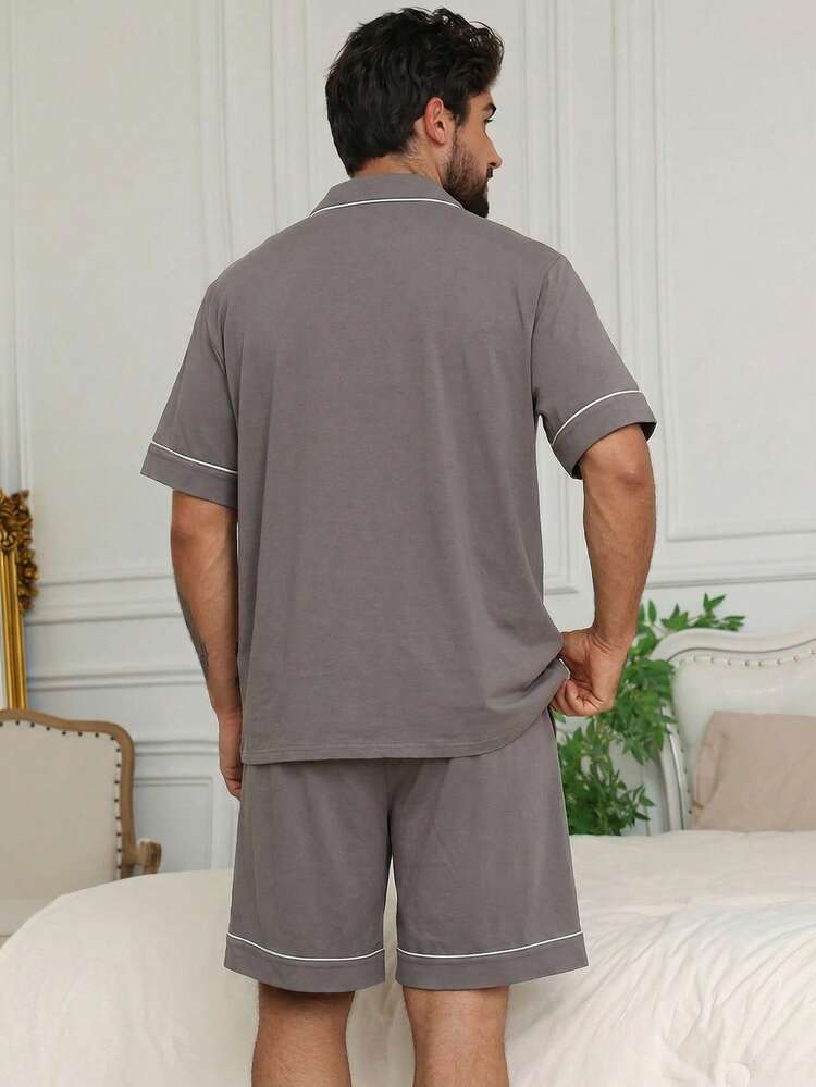 Men's Solid Gray Short Sleeve Shirt And Shorts Pajama Set, Summer