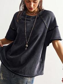 Bohemela Casual Solid Color Knit Round Neck Short Sleeve Loose Washed Women T-Shirt, Studded Punk Casual Top, Summer For Women, Carnival - Black - View 8