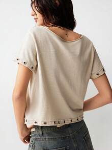 Bohemela 女士休闲纯色V领短袖宽松T恤 - 杏色 - 查看 6