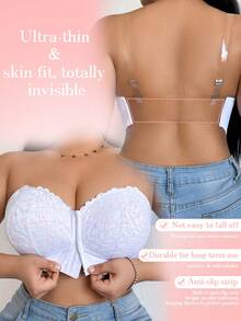 DesireSculpt 1pc Plus Size Wireless Lace Front Closure Bra, Sexy Lift & Enhance Invisible Back Bra - White - View 5