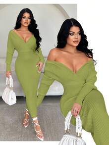 SHEIN SXY 女士性感优雅白色V领露肩长袖修身毛衣连衣裙，适合日常穿着、办公室、约会、休闲、派对、感恩节、圣诞节等场合。长袖紧身连衣裙，深V领连衣裙，长款紧身连衣裙，紧身长裙，深V连衣裙，长袖优雅连衣裙，秋冬季女装 - 綠色 - 查看 5