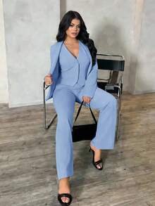 SHEIN SXY Blue Knitted Fabric Long Sleeve Shawl Collar Elegant Suit Set For Women With Zipper Details - Blue - View 5