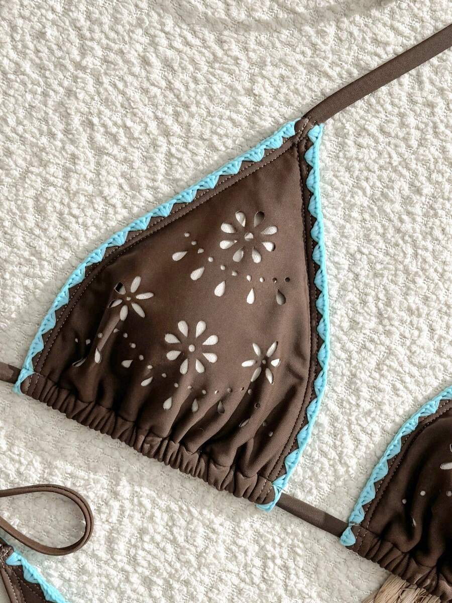 Swim Vcay 2026新款春夏两件套女士泳衣短裤套装，激光切割沙滩休闲度假优雅泳装 - 棕色 - 查看 1