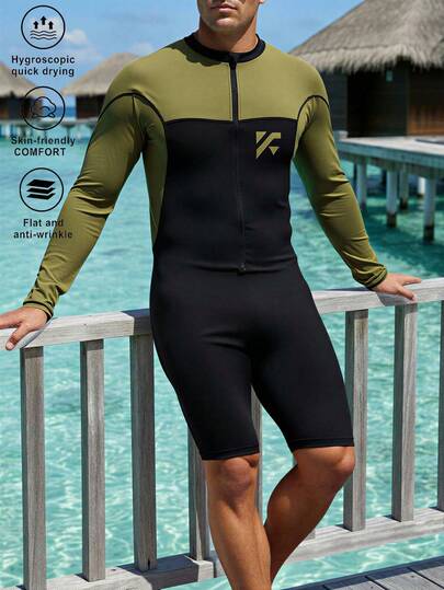 Manfinity Swimmode Men's Contrast Color Long Sleeve Casual Zipper Beach Jumpsuit Swimsuit