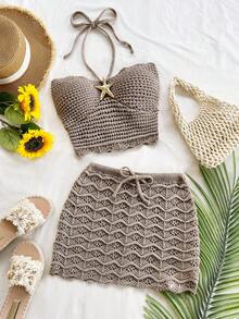 Soleia 2pcs Vacation Sexy Halter Backless Camisole & Mini Skirt Set, Suitable For Music Festival, Bohemian, Holiday, Date, Afternoon Tea, Crochet, Linen, - Khaki - View 1