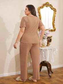 Côtesoire Bộ đồ ngủ nữ cỡ lớn màu nâu viền ren, cổ chữ V, vạt trước buộc dây, xếp ly, chất liệu mềm mại, thoáng khí, tay ngắn và quần dài, kiểu dáng thoải mái, thích hợp mặc ở nhà. - màu nâu - Xem 3