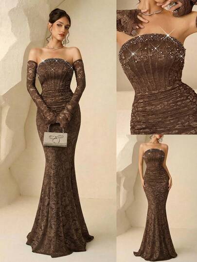 Coutiva Women's High-End Banquet Elegant Luxury Lace & Faux Pearl Decor Strapless Fishtail Dress With Arm Sleeve Brown Elegant Dress Brown Formal Dress Evening Elegant Dresses Classy Brown Dress Glamorous Brown Gown