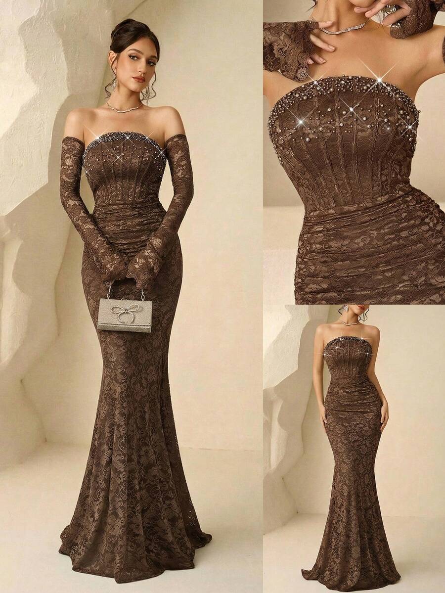 Coutiva 女士高端宴会优雅奢华蕾丝仿珍珠装饰无肩带鱼尾连衣裙，带袖 - 咖啡棕 - 查看 1