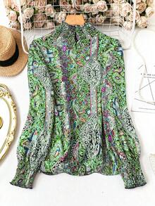 Camisa de talla grande con estampado de paisley vintage, otoño - Verde - Ver 2