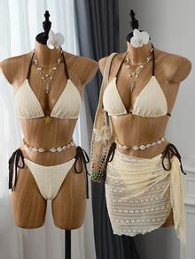 Bellisia 26SS 春夏度假沙滩特制面料印花撞色棕色可爱甜美比基尼三件套 - 米色 - 查看 1