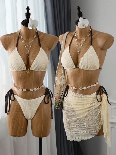 Bellisia 26SS 春夏度假沙滩特制面料印花撞色棕色可爱甜美比基尼三件套