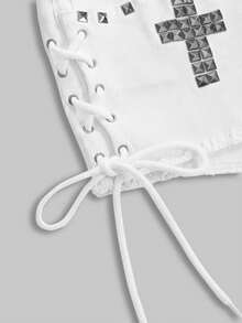 ROMWE Grunge Punk Spring/Summer Women's Punk Rivet Cross Studded Mini Low-Waist Denim Shorts - White - View 3