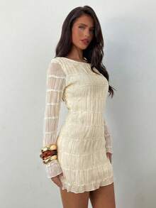 Aloruh Đầm ôm sát cơ thể lưới nhiều lớp màu trơn dành cho nữ - Màu Đỏ Sâu - Xem 4