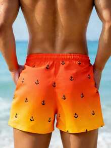 CoralVoy Pantalones cortos de playa con estampado de ancla degradado, cintura con cordón y bolsillo en diagonal, estilo de vacaciones de verano para hombres - Naranja Coral - Ver 2