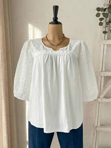 Rusticease Plus Size Women's Summer Boho White Blouse,100% Cotton Eyelet Embroidered Notched Collar Loose Fit Top,Casual Vacation Holiday Daily Wear - White - View 4