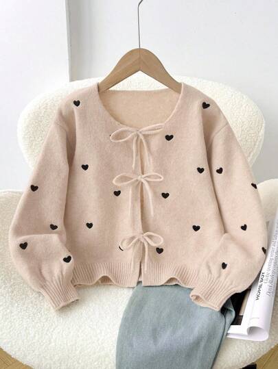 SHEIN Frenchy Cárdigan casual de talla grande con bordado de corazón y nudo delantero, otoño/invierno