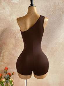 Soleia Women's Solid Color Asymmetric Neckline Ruched Sleeveless Jumpsuit Vacation Beach Chocolate Brown Summer Sexy Tropical - Brown - View 2
