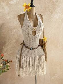 Soleia 女士V领露背系带修身针织连衣裙，波西米亚风，度假风，秋冬款 - 卡其色 - 查看 3