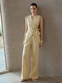 MOTF PREMIUM 女士休闲日常办公通勤褶裥宽松直筒裤 - 杏色 - 查看 2