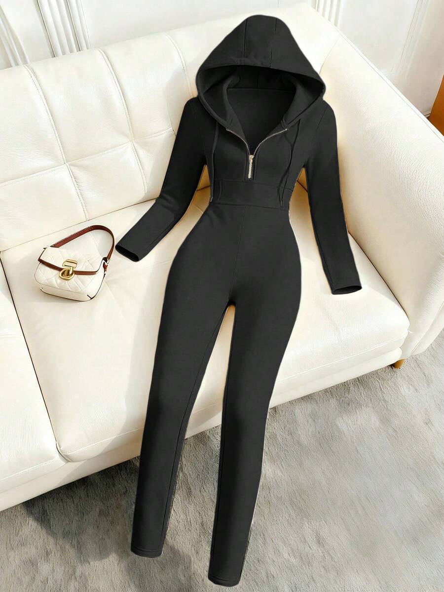 Franclia Mono con capucha con cremallera y decoración de cordón, de manga larga y de alta calidad, de moda para mujeres - Negro - Ver 1