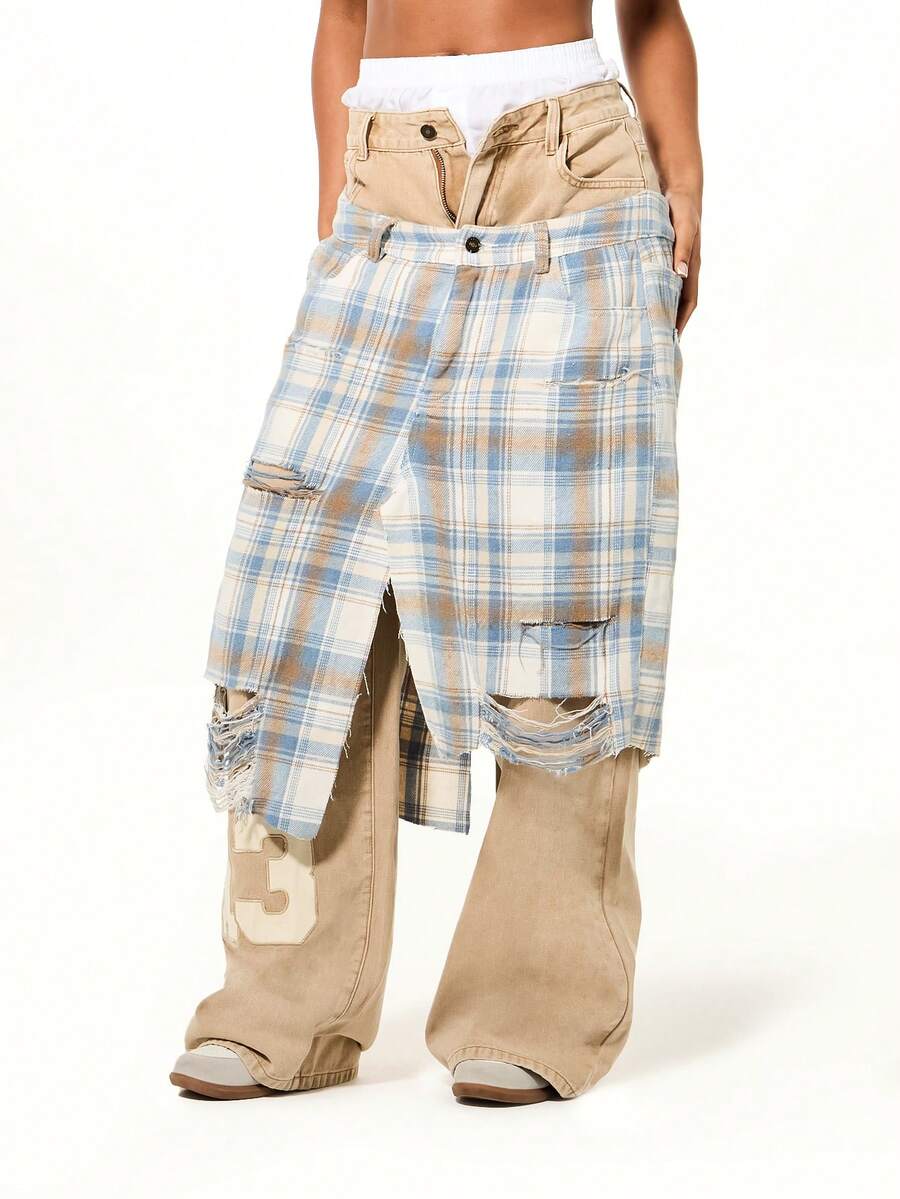 SUMWON WOMEN Double Layer Plaid Over Cargo Denim Wide Leg Distressed Ripped Jeans With Checkered Pattern
