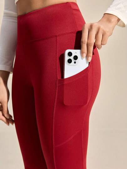 Exploreva Women's Outdoor Sports Solid Color Phone Pocket Leggings