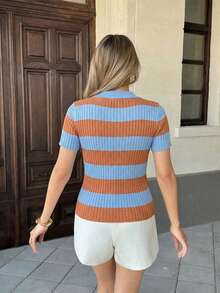 Blusa de verano de manga corta con cuello polo de punto a rayas en contraste, estilo de calle francés - Naranja - Ver 3