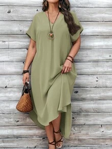 EMERY ROSE 大码女式夏季纯色V领前短后长连衣裙