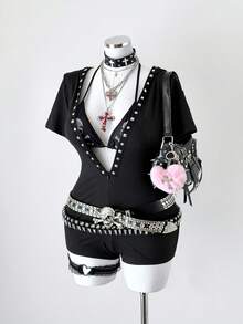 Sunspun Bộ áo liền quần tay ngắn có mũ kiểu Gothic, dáng ôm. - màu đen - Xem 3