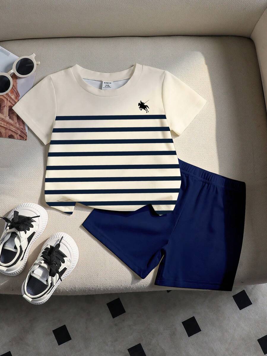 SHEIN 1 Set Baby Boys Casual Stylish Minimalist Polo Style Black & White Striped And Knight Logo Print Round Neck Short Sleeve T-Shirt And Matching Shorts Outfit, Toddler Outdoor Suit - Multicolor - View 1